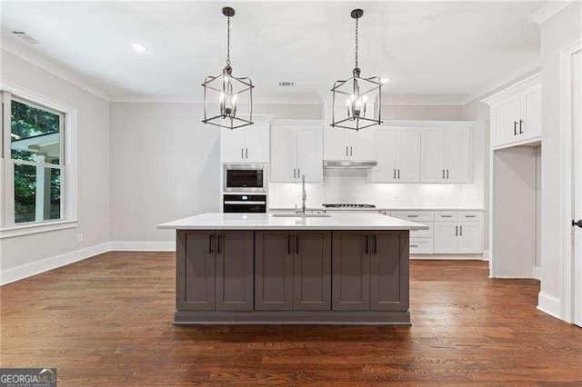 kitchen with white cabinetry, sink, a kitchen island with sink, and pendant lighting