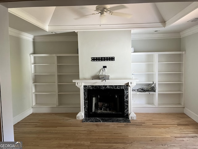 interior details with ornamental molding, hardwood / wood-style floors, a high end fireplace, and a tray ceiling