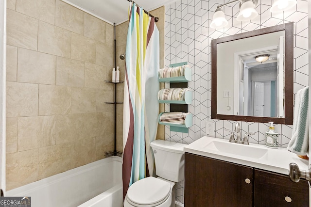 full bathroom featuring shower / tub combo, tile walls, tasteful backsplash, vanity, and toilet