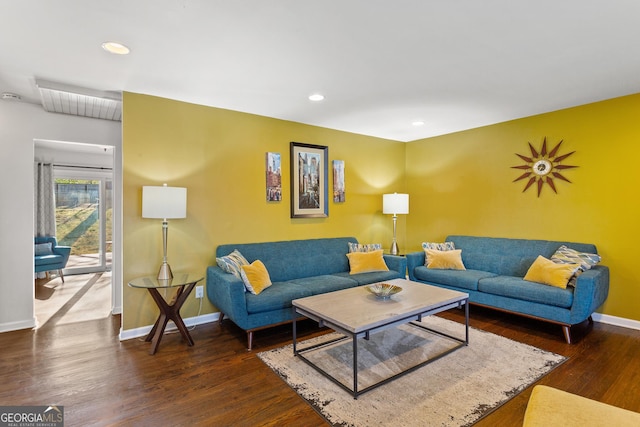 living room with dark wood-type flooring