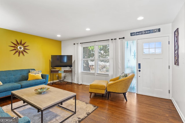 living room with dark wood-type flooring