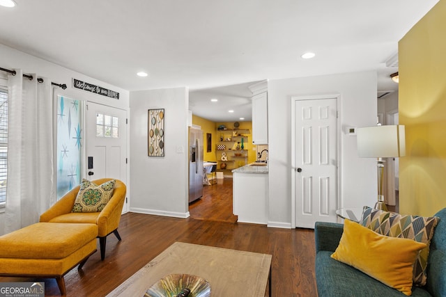 living room featuring dark hardwood / wood-style floors and sink