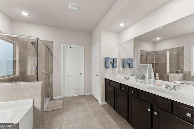 bathroom with vanity, separate shower and tub, and tile patterned flooring