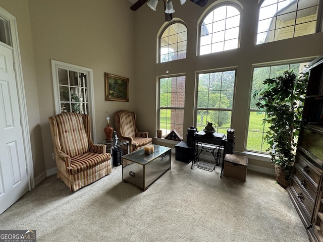 4230 Joe Stephens Rd, Franklin, GA 30217 - living area with carpet floors, ceiling fan, a towering ceiling, and baseboards