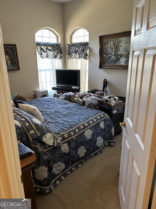 bedroom featuring carpet floors and a towering ceiling