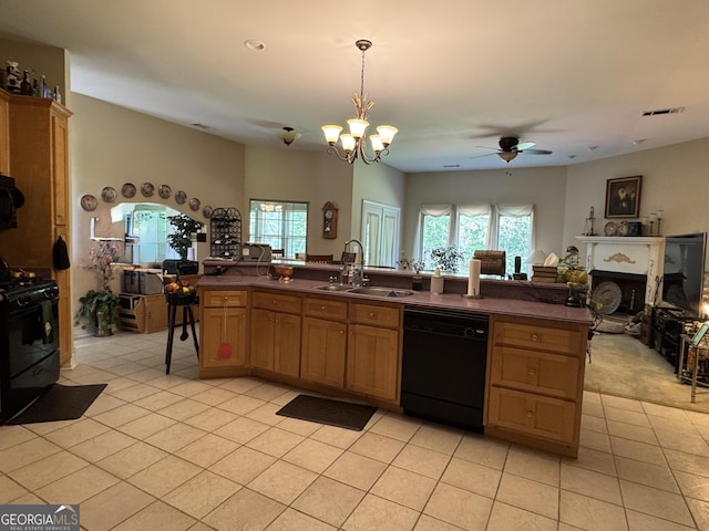 4230 Joe Stephens Rd, Franklin, GA 30217 - kitchen featuring black appliances, a sink, open floor plan, light tile patterned flooring, and dark countertops