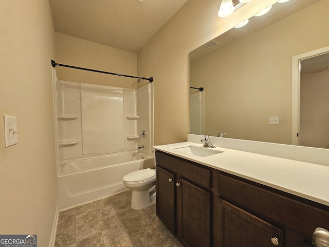 full bathroom with vanity, bathtub / shower combination, and toilet