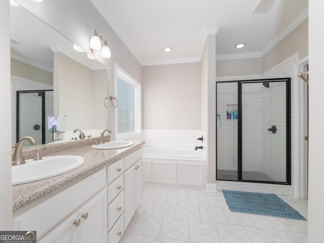 bathroom featuring vanity, tile patterned flooring, ornamental molding, and independent shower and bath