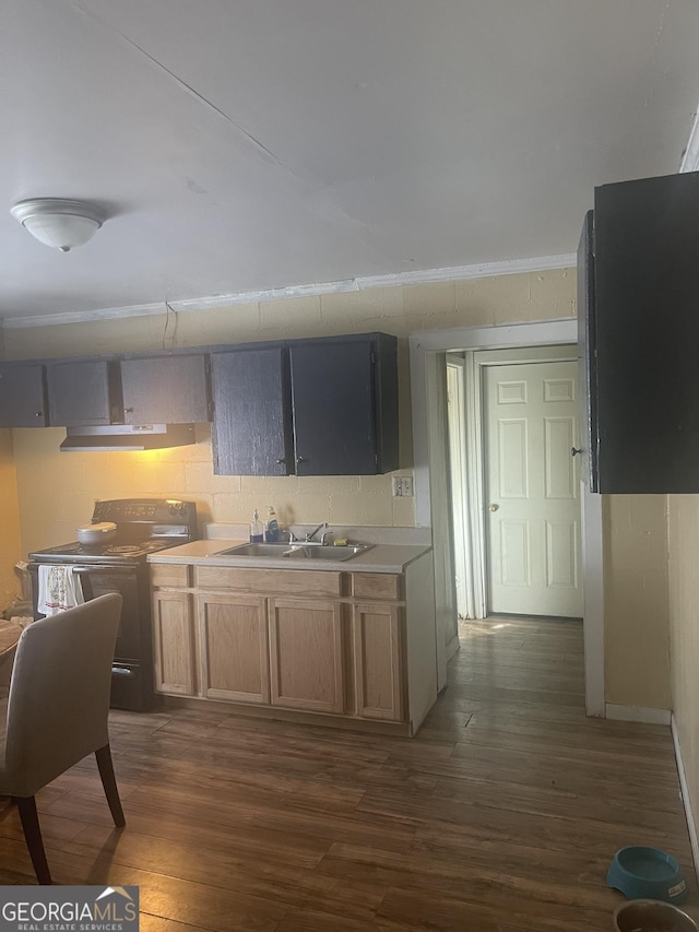 kitchen with sink, crown molding, dark wood-type flooring, electric range, and decorative backsplash