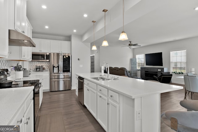 kitchen featuring sink, appliances with stainless steel finishes, white cabinetry, range hood, and an island with sink