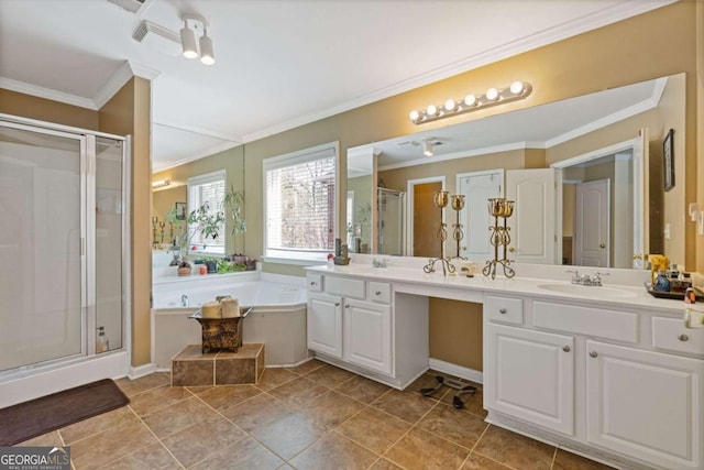 bathroom featuring independent shower and bath, ornamental molding, and vanity