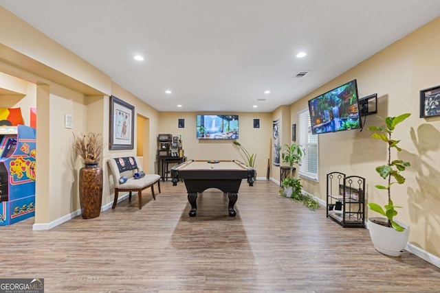 playroom featuring pool table and light hardwood / wood-style floors