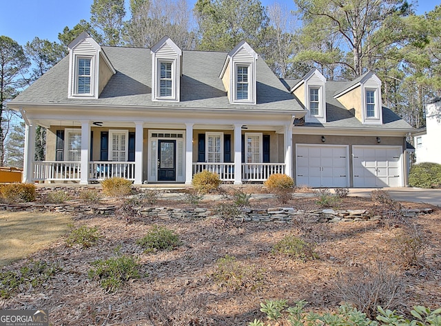 cape cod-style house featuring a garage and a porch