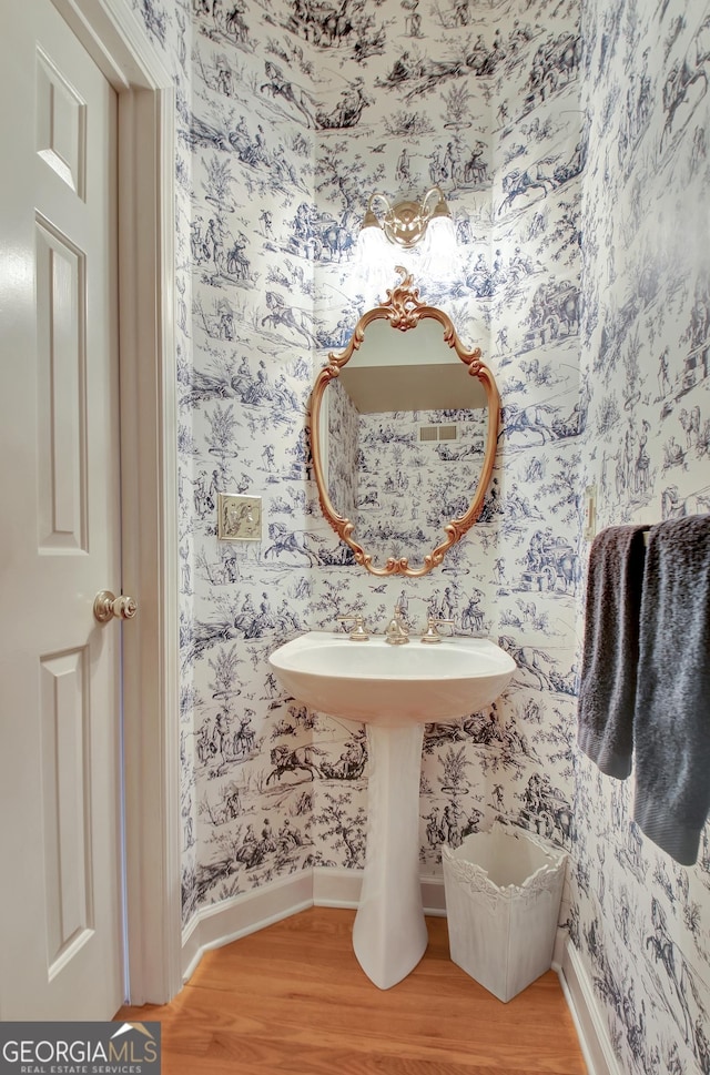 bathroom with hardwood / wood-style floors