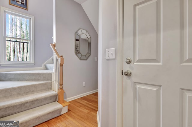 stairs with hardwood / wood-style flooring