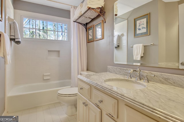 full bathroom featuring shower / bath combination with curtain, vanity, toilet, and tile patterned flooring