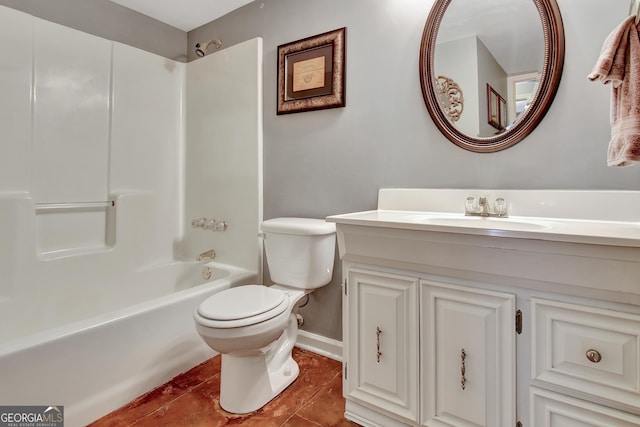 full bathroom featuring shower / bath combination, vanity, tile patterned flooring, and toilet