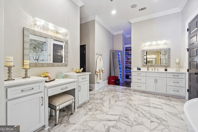 bathroom with ornamental molding, marble finish floor, visible vents, and baseboards