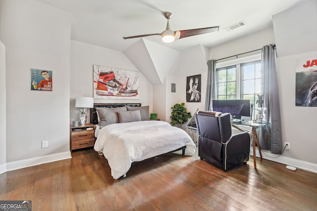 bedroom with a ceiling fan, dark wood finished floors, visible vents, and baseboards