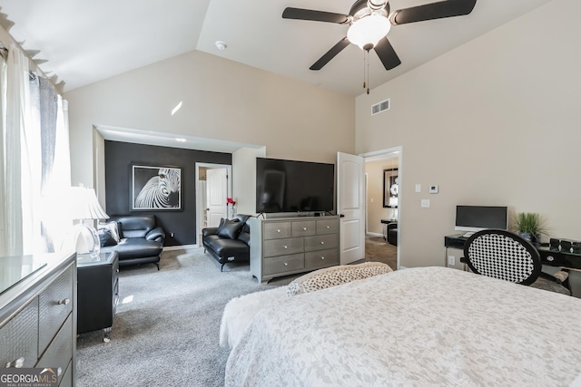 carpeted bedroom featuring multiple windows, high vaulted ceiling, and ceiling fan