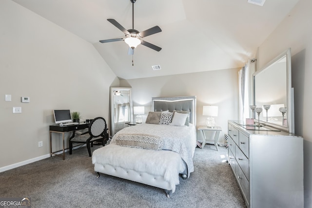 bedroom with vaulted ceiling, carpet flooring, and ceiling fan