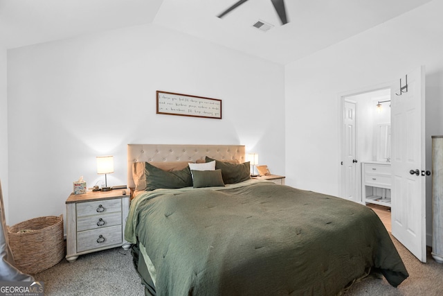 bedroom with vaulted ceiling, ceiling fan, and carpet flooring