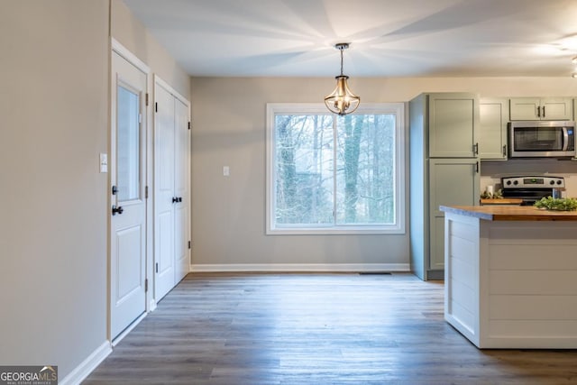 kitchen featuring pendant lighting, appliances with stainless steel finishes, wooden counters, and wood-type flooring