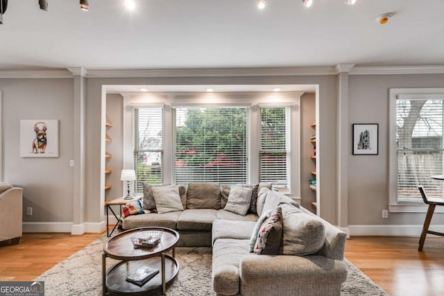 living room featuring crown molding, built in shelves, and light hardwood / wood-style flooring