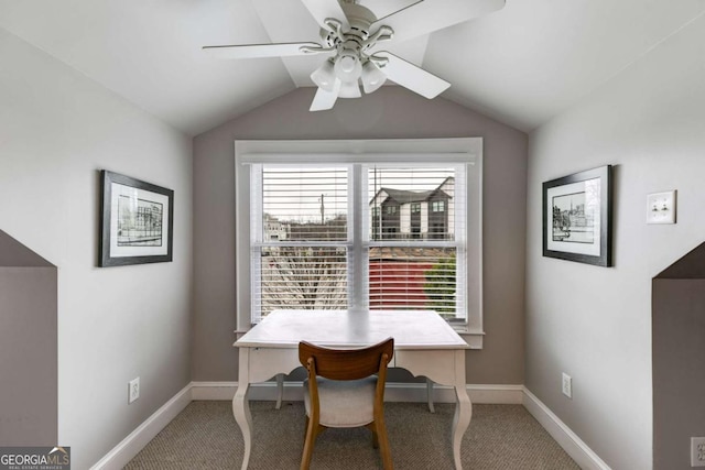 office featuring vaulted ceiling, carpet floors, and ceiling fan