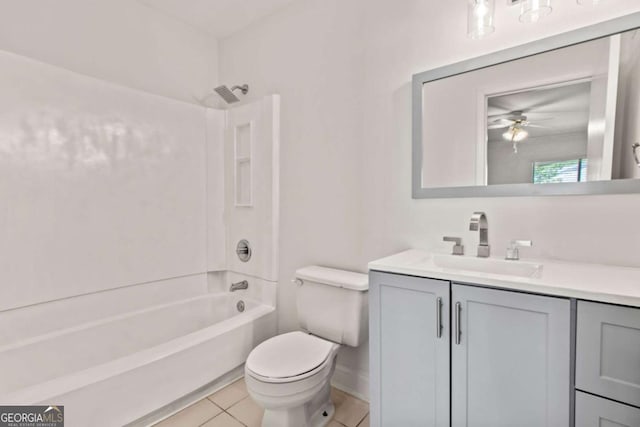 full bathroom featuring shower / tub combination, tile patterned floors, toilet, and vanity