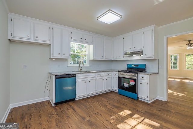 kitchen with dishwashing machine, sink, white cabinetry, light stone counters, and stainless steel range with gas cooktop