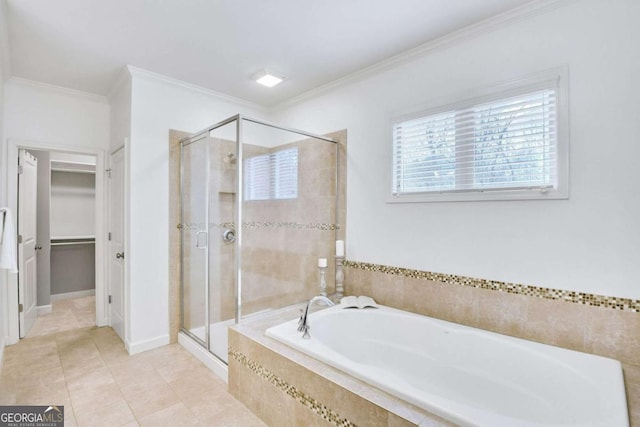 bathroom with crown molding, separate shower and tub, and tile patterned floors