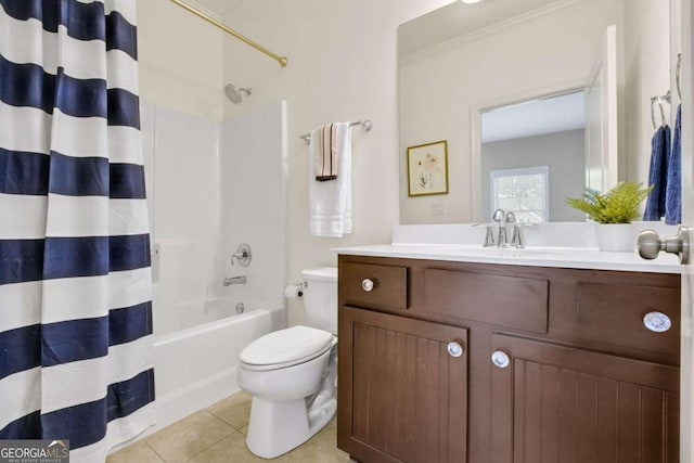 full bathroom featuring tile patterned flooring, vanity, shower / tub combo, and toilet