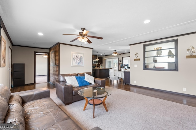 living room featuring ornamental molding and dark hardwood / wood-style floors