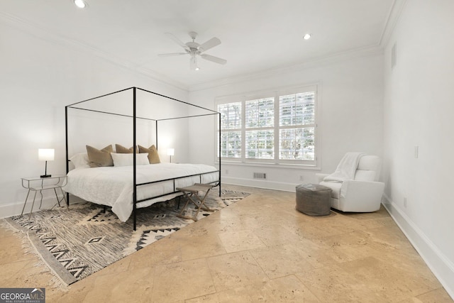 bedroom with ornamental molding and ceiling fan