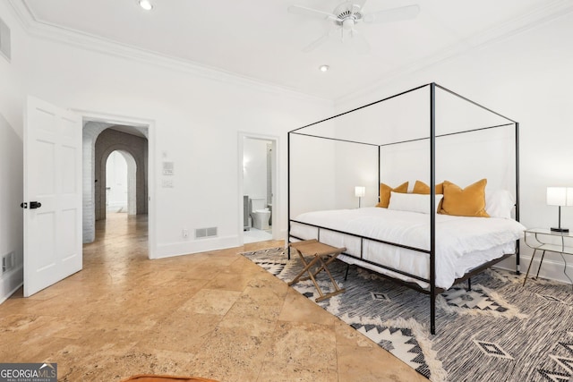 bedroom with connected bathroom, crown molding, and ceiling fan