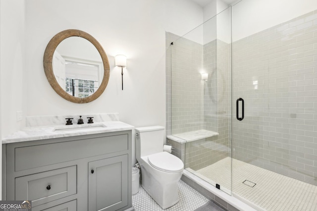 bathroom with walk in shower, tile patterned floors, toilet, and vanity