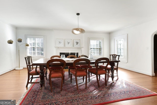 dining space with ornamental molding, a healthy amount of sunlight, and hardwood / wood-style floors