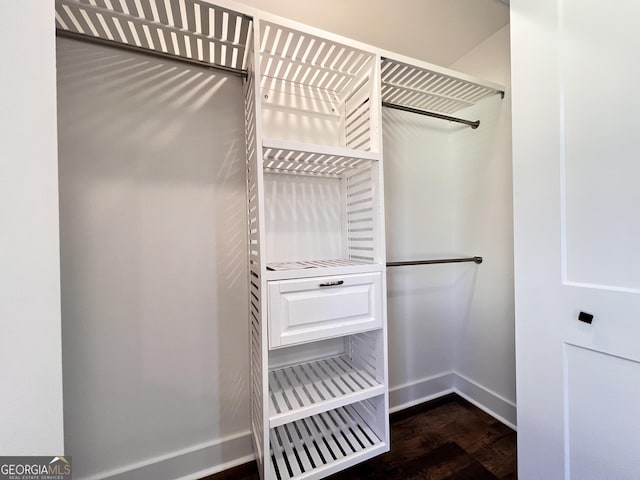 walk in closet featuring dark wood finished floors