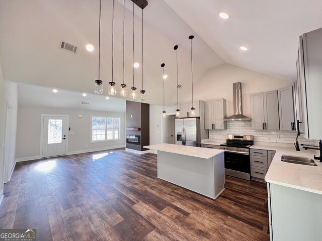 kitchen featuring sink, appliances with stainless steel finishes, dark hardwood / wood-style floors, a kitchen island, and wall chimney exhaust hood