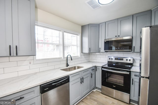 kitchen with sink, gray cabinets, stainless steel appliances, light stone counters, and tasteful backsplash