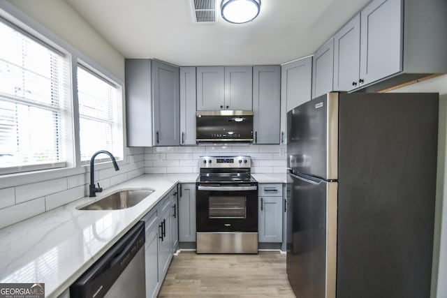 kitchen featuring light stone countertops, appliances with stainless steel finishes, sink, and gray cabinetry