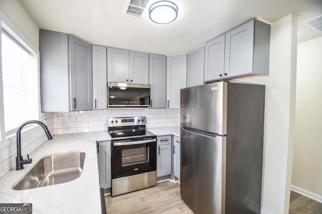 kitchen with light stone counters, sink, tasteful backsplash, and stainless steel appliances