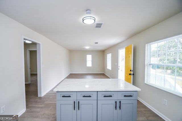 kitchen with light stone countertops, gray cabinetry, and hardwood / wood-style floors