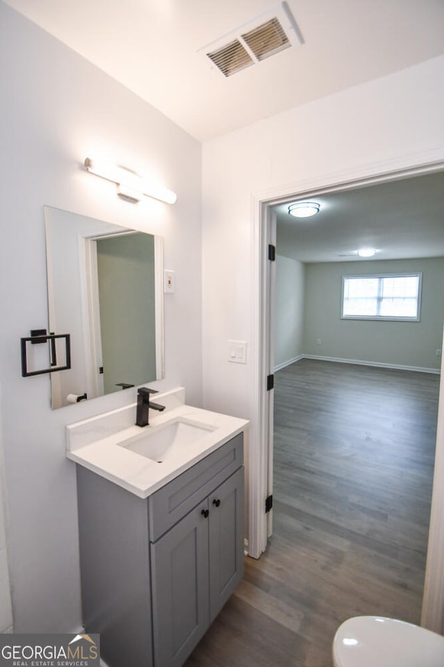 bathroom with vanity and hardwood / wood-style floors