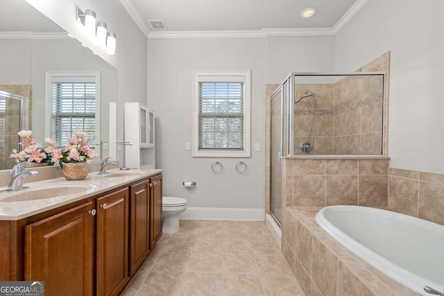 full bathroom featuring crown molding and separate shower and tub