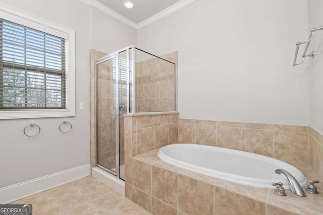 bathroom featuring tile patterned flooring, ornamental molding, and plus walk in shower