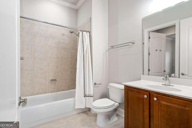 full bathroom with shower / bath combo, vanity, ornamental molding, tile patterned floors, and toilet