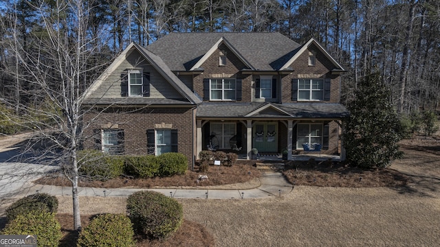 craftsman house featuring covered porch, brick siding, and roof with shingles