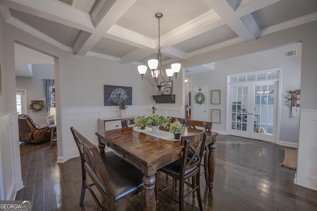 dining room with dark wood-style floors, french doors, beam ceiling, and visible vents